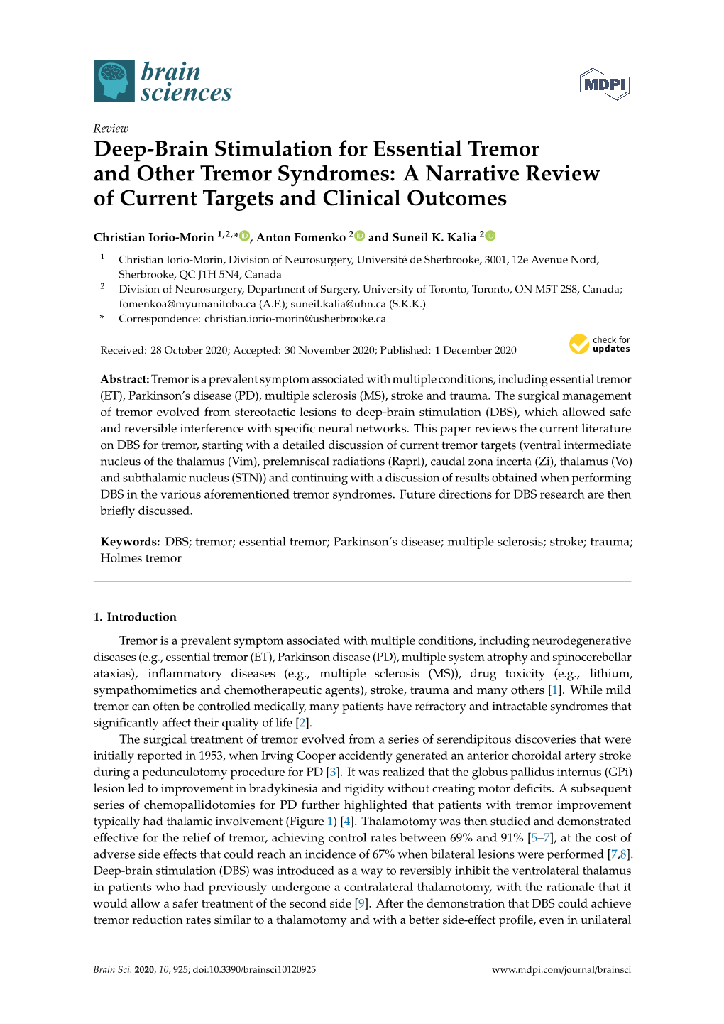 Deep-Brain Stimulation for Essential Tremor and Other Tremor Syndromes: a Narrative Review of Current Targets and Clinical Outcomes