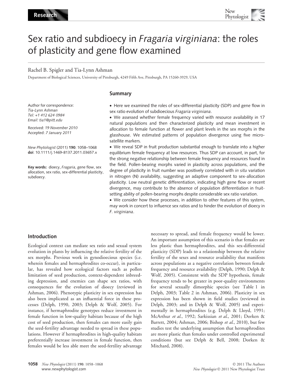 Sex Ratio and Subdioecy in Fragaria Virginiana: the Roles of Plasticity and Gene ﬂow Examined