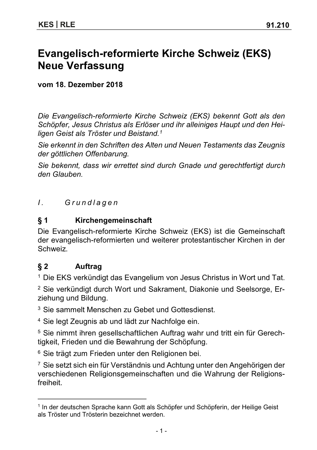 Evangelisch-Reformierte Kirche Schweiz (EKS) Neue Verfassung Vom 18