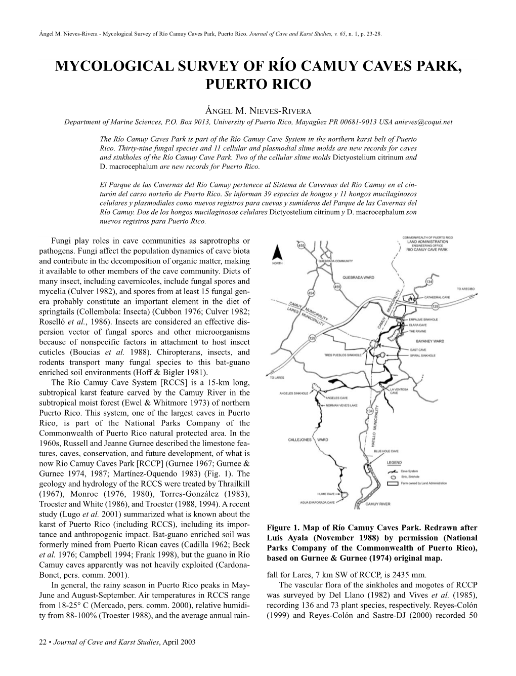 Mycological Survey of Río Camuy Caves Park, Puerto Rico