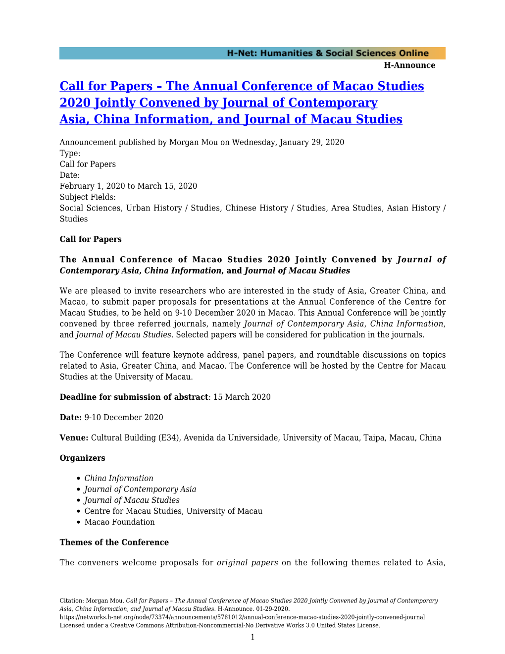 The Annual Conference of Macao Studies 2020 Jointly Convened by Journal of Contemporary Asia, China Information, and Journal of Macau Studies