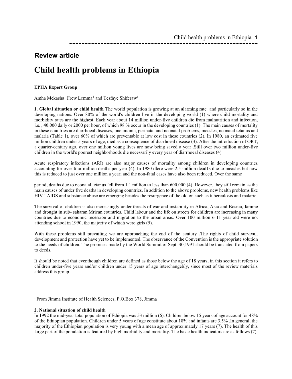 Child Health Problems in Ethiopia 1