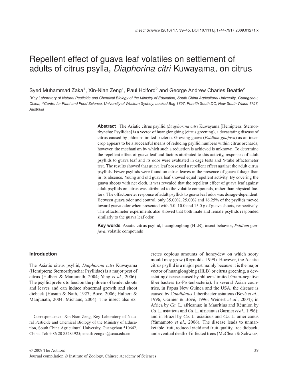 Repellent Effect of Guava Leaf Volatiles on Settlement of Adults of Citrus Psylla, Diaphorina Citri Kuwayama, on Citrus