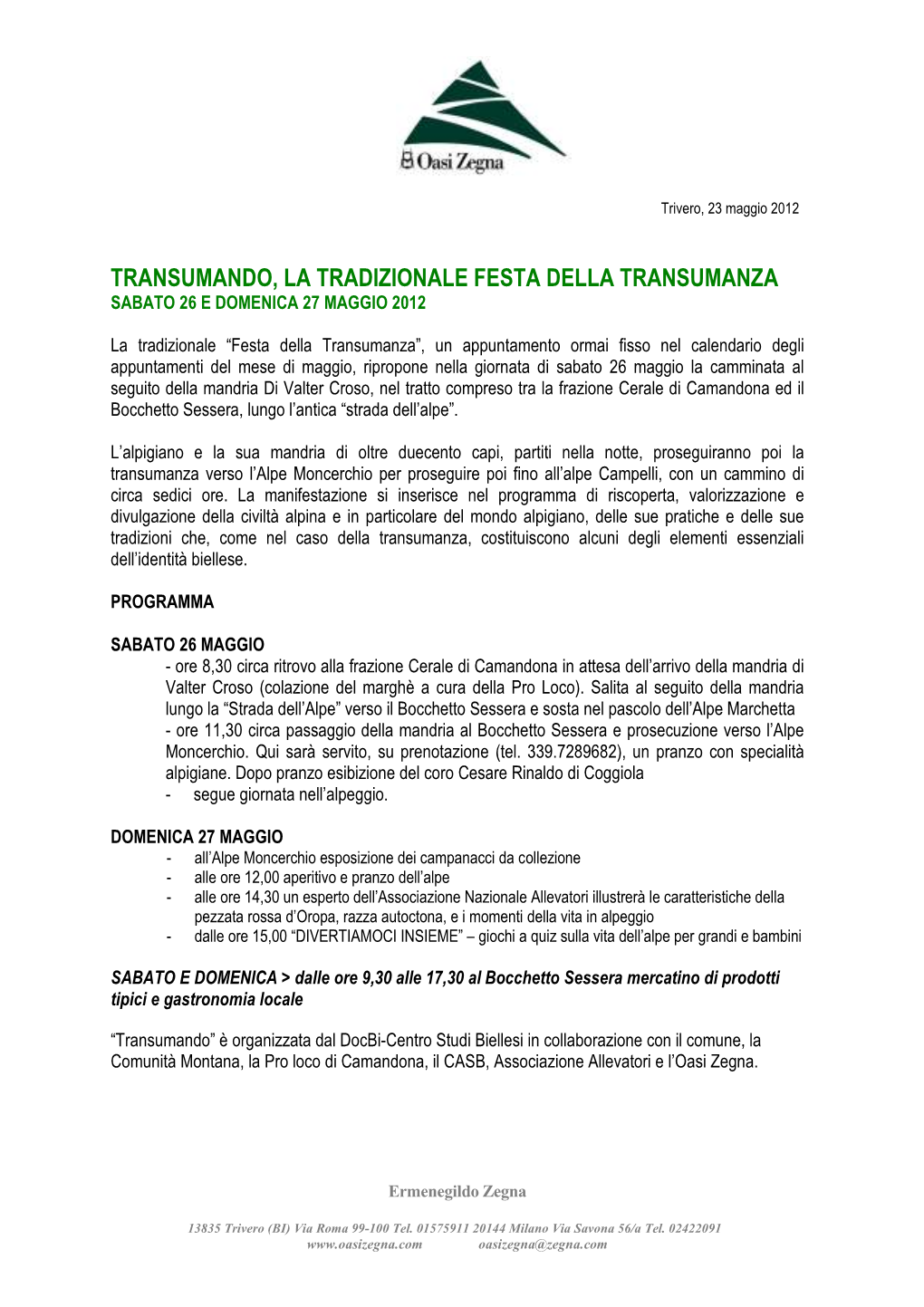 Programma Oasi Zegna 26-27 Maggio 2012