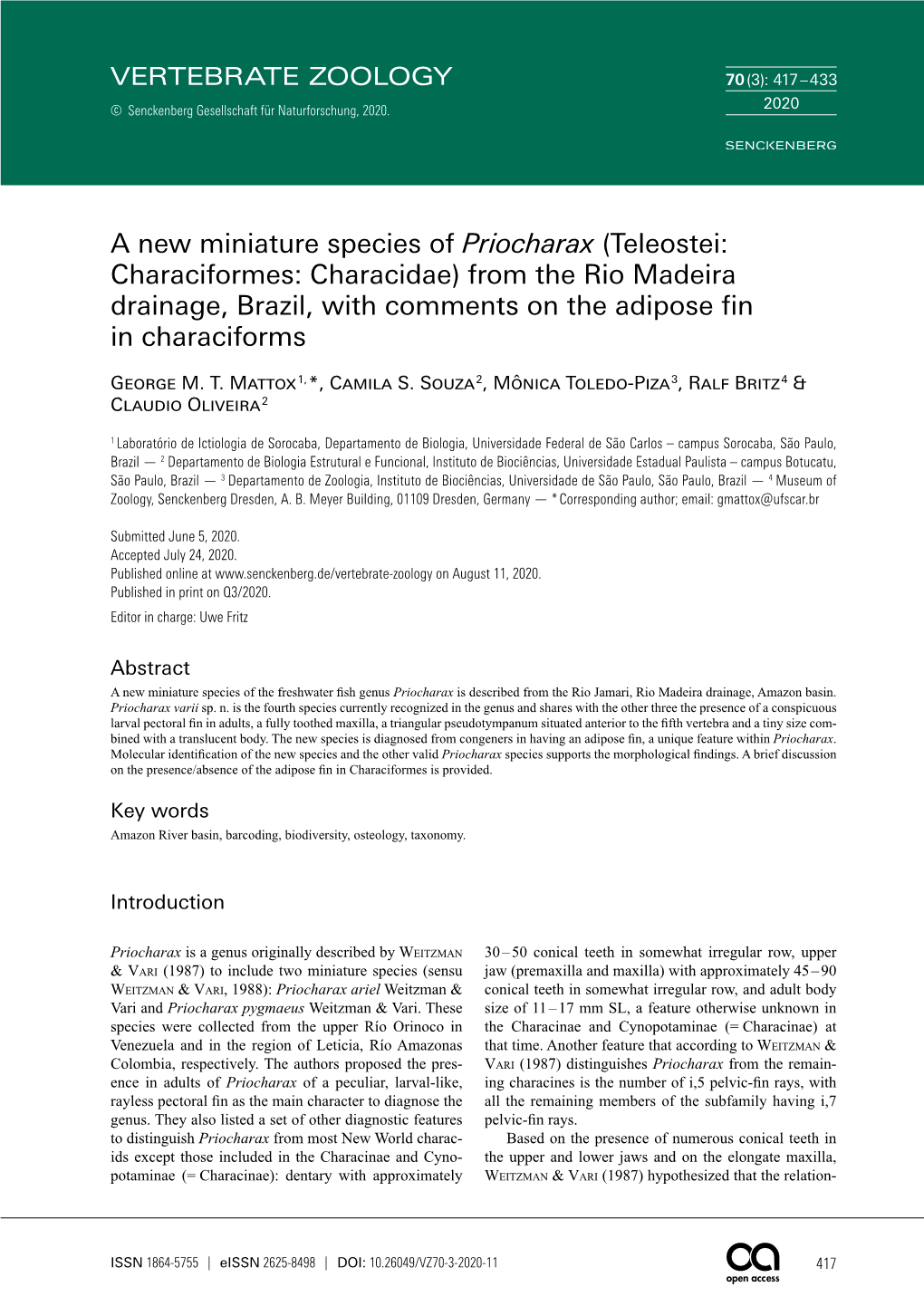 A New Miniature Species of Priocharax (Teleostei: Characiformes: Characidae) from the Rio Madeira Drainage, Brazil, with Comments on the Adipose Fin in Characiforms