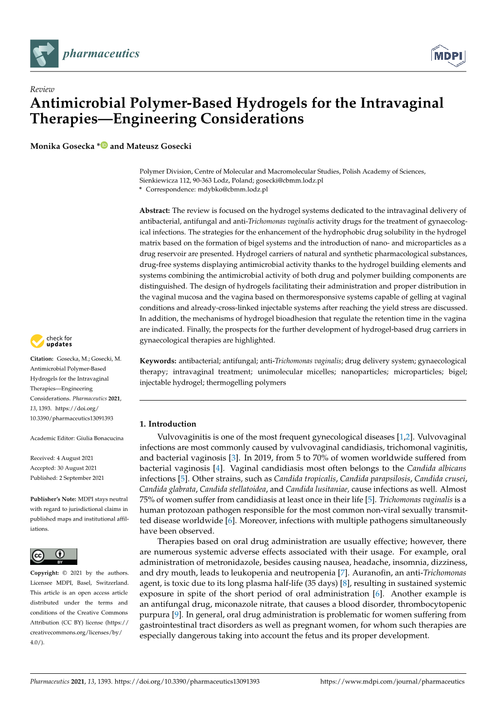 Antimicrobial Polymer-Based Hydrogels for the Intravaginal Therapies—Engineering Considerations