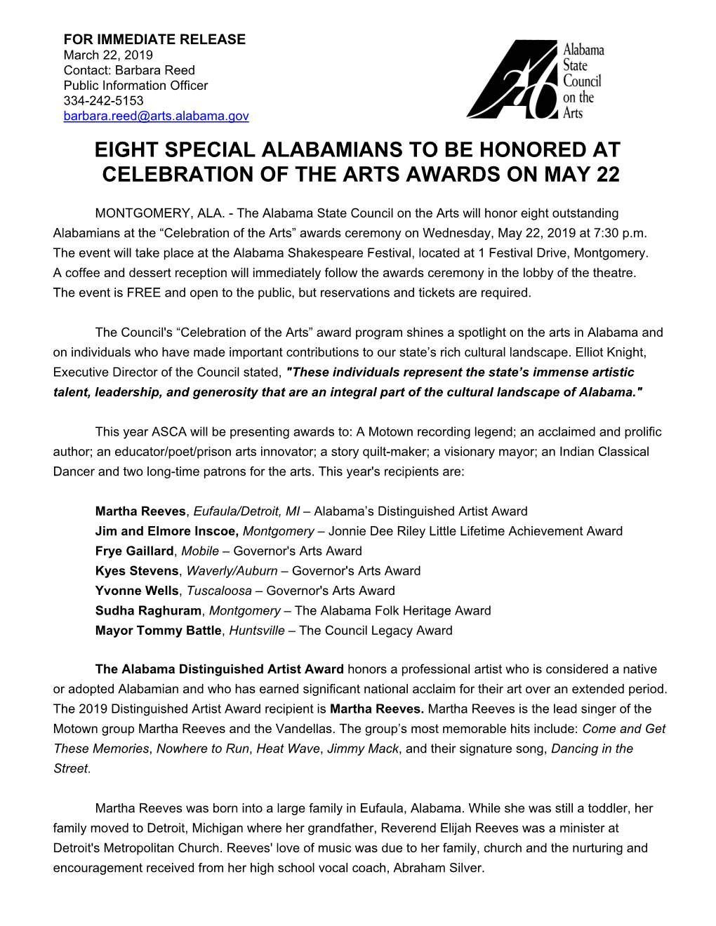 Eight Special Alabamians to Be Honored at Celebration of the Arts Awards on May 22