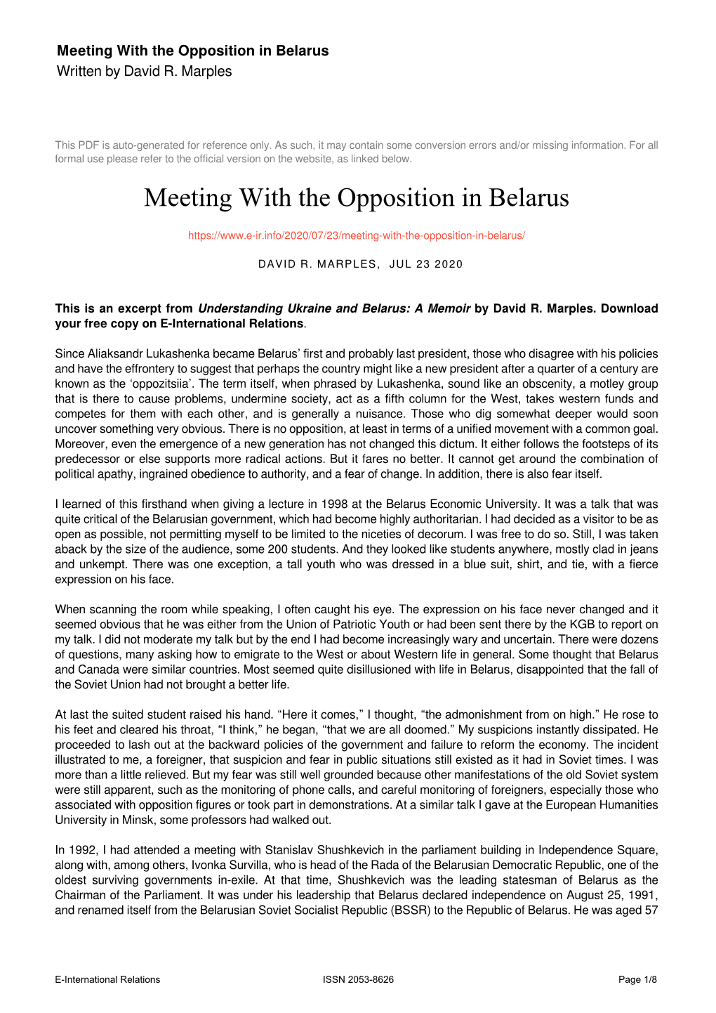 Meeting with the Opposition in Belarus Written by David R