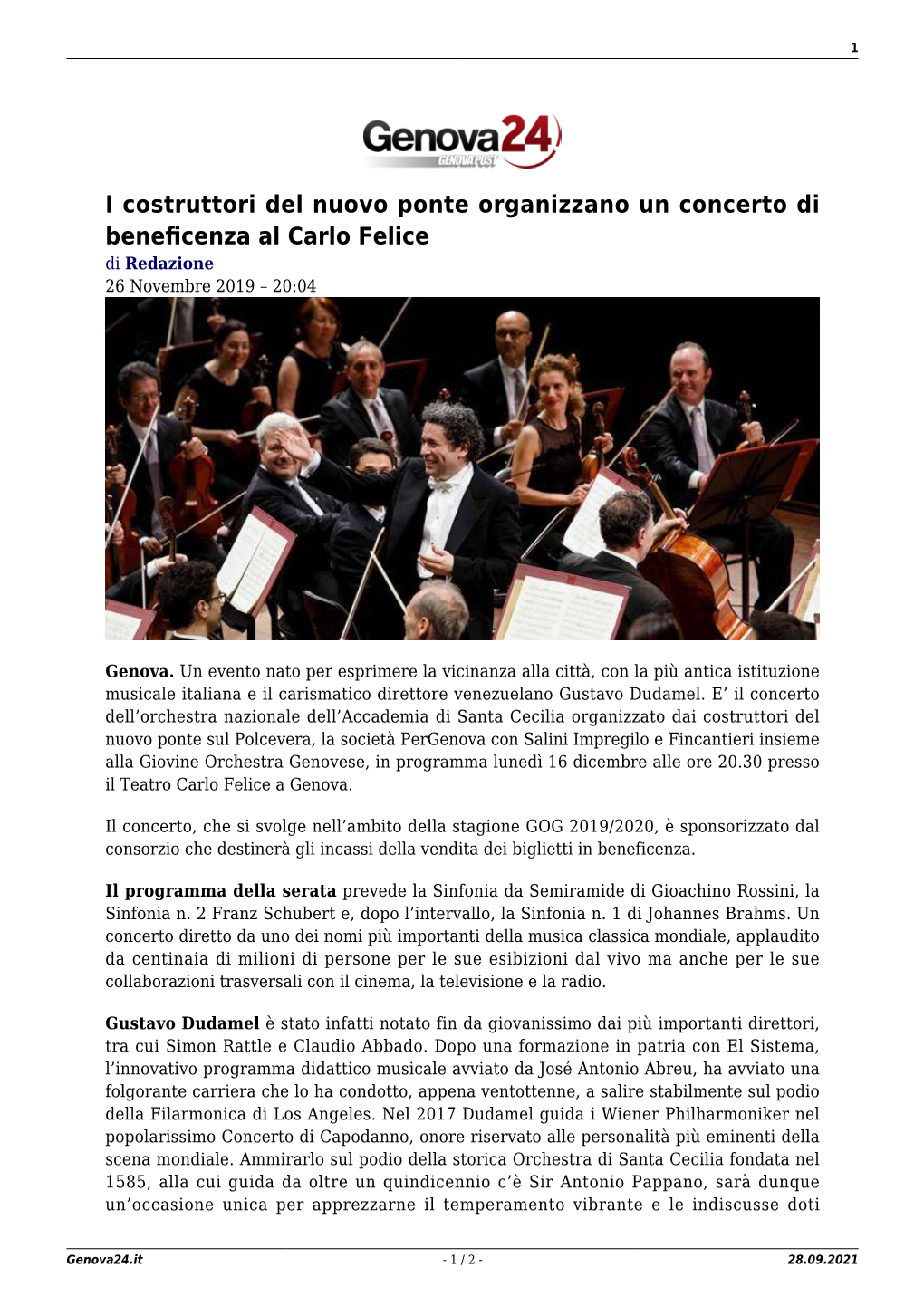 I Costruttori Del Nuovo Ponte Organizzano Un Concerto Di Beneﬁcenza Al Carlo Felice Di Redazione 26 Novembre 2019 – 20:04