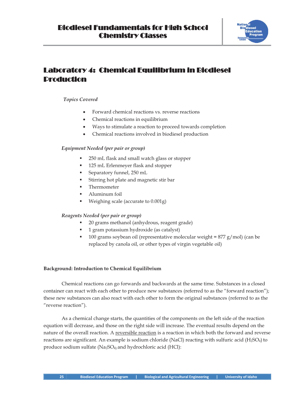 Biodiesel Fundamentals for High School Chemistry Classes