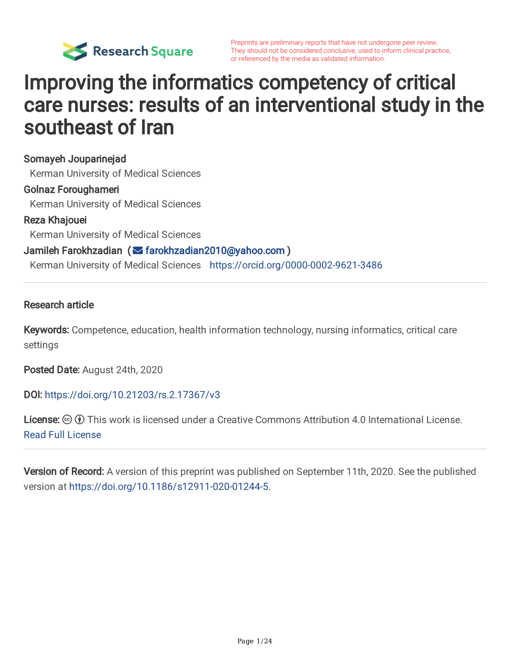 Improving the Informatics Competency of Critical Care Nurses: Results of an Interventional Study in the Southeast of Iran