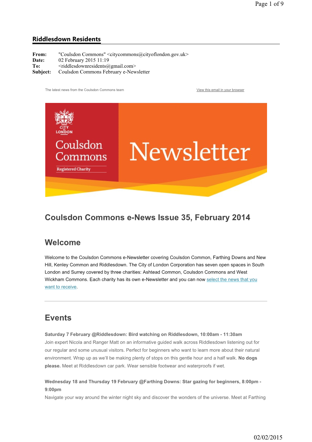 Coulsdon Commons E-News Issue 35, February 2014 Welcome Events