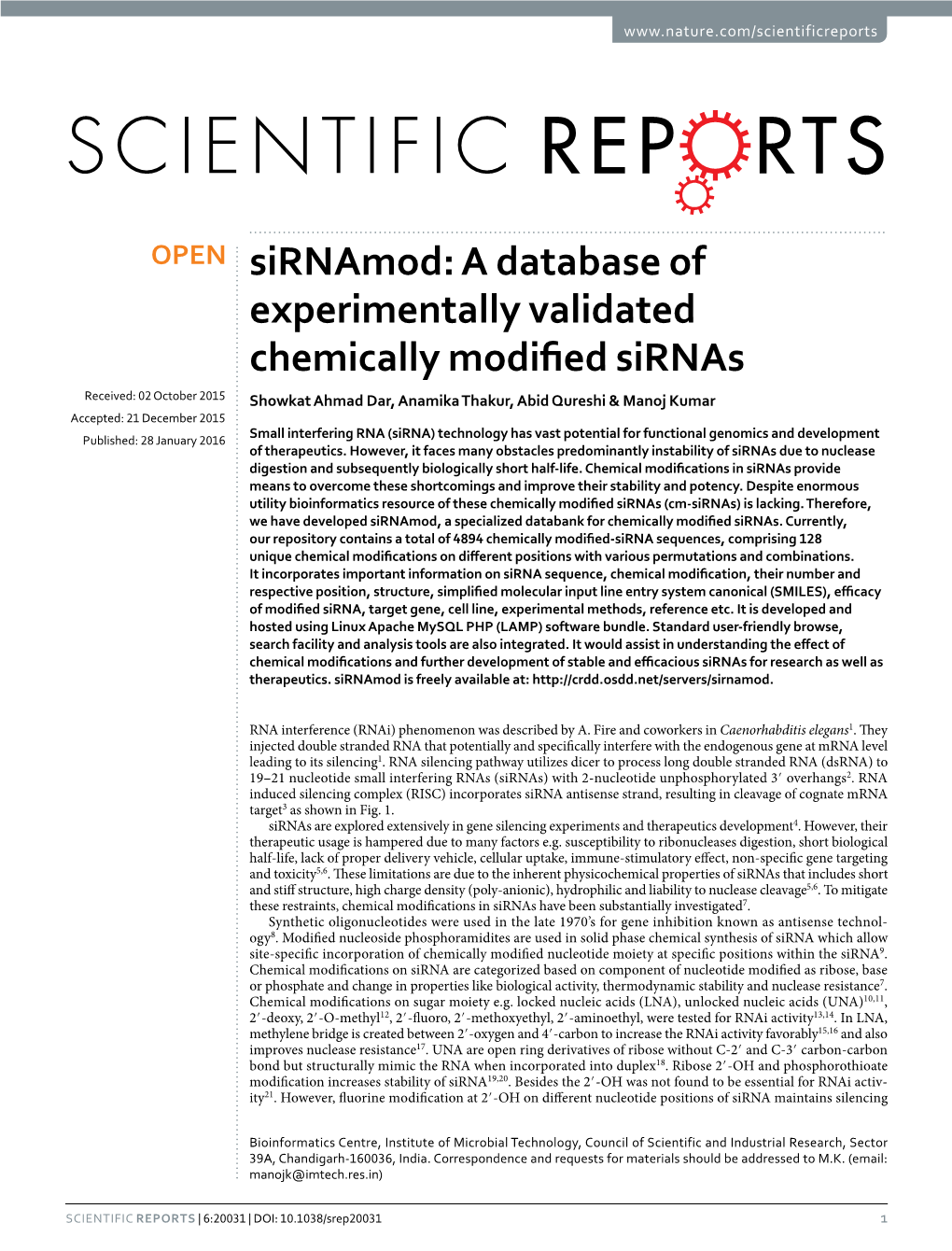 A Database of Experimentally Validated Chemically Modified Sirnas