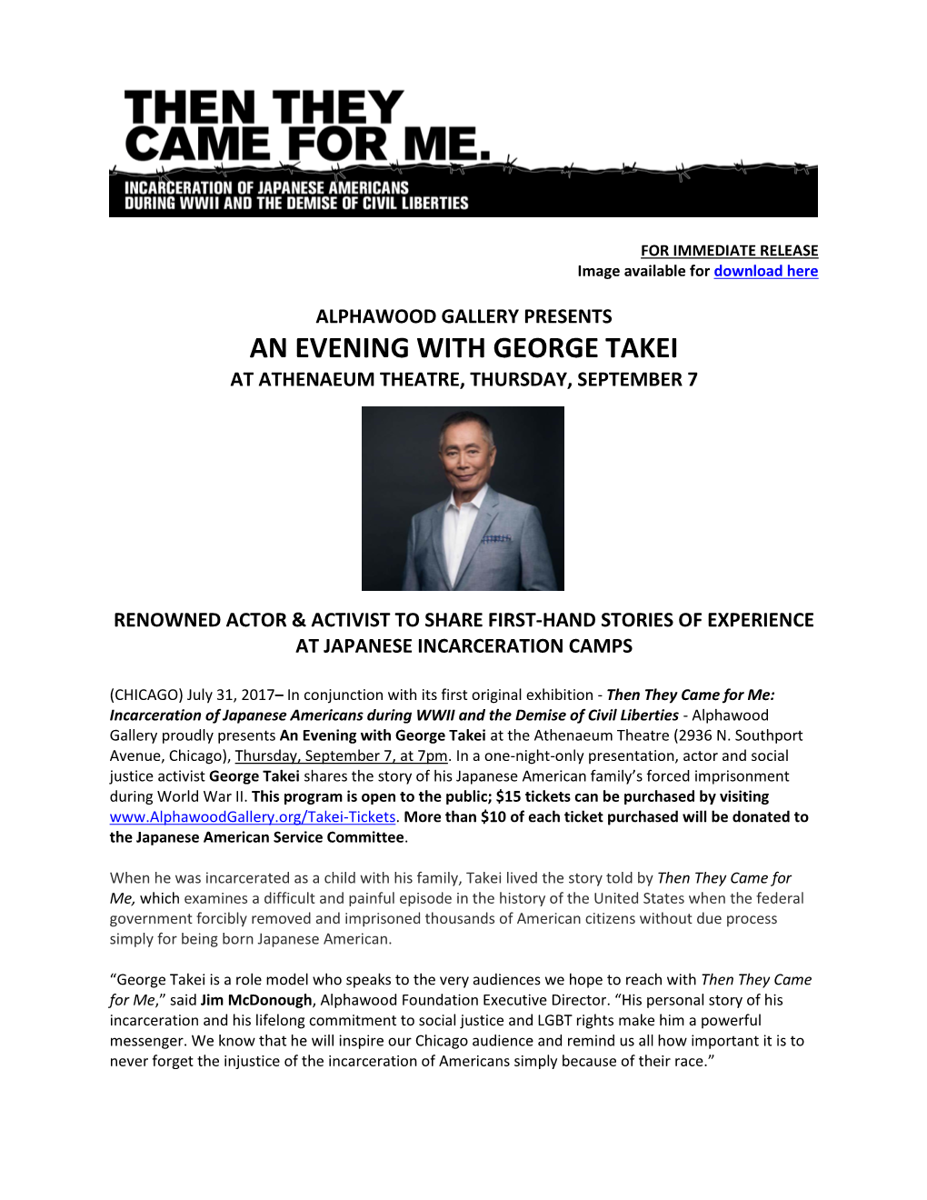 An Evening with George Takei at Athenaeum Theatre, Thursday, September 7