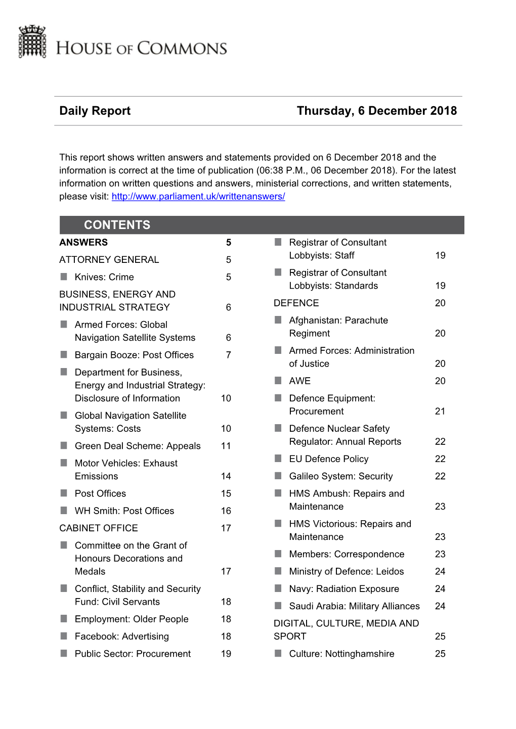 Daily Report Thursday, 6 December 2018 CONTENTS