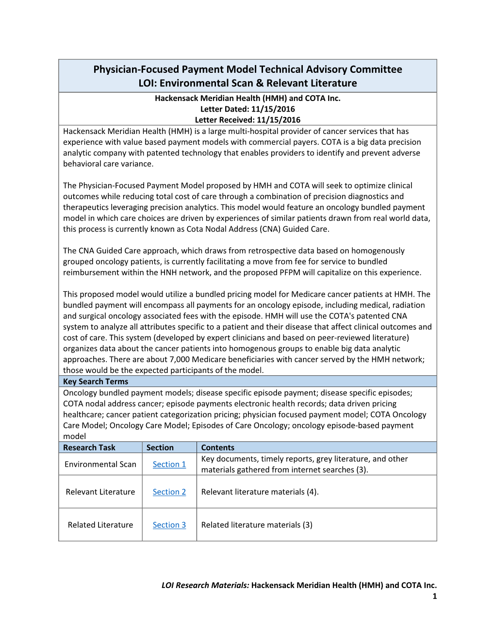 Physician-Focused Payment Model Technical Advisory Committee LOI: Environmental Scan & Relevant Literature Hackensack Meridian Health (HMH) and COTA Inc