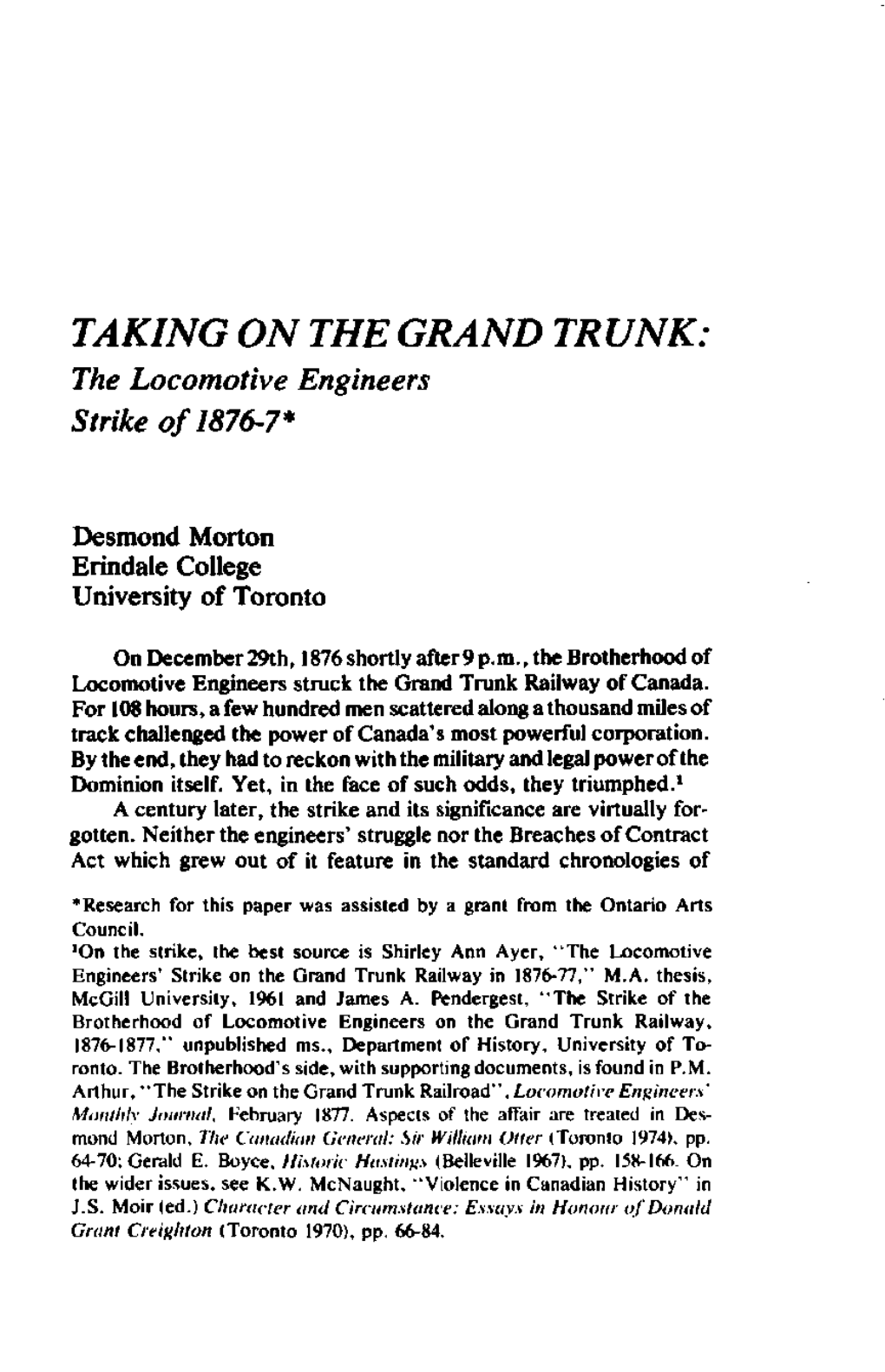 TAKING on the GRAND TRUNK: the Locomotive Engineers Strike of 1876-7*