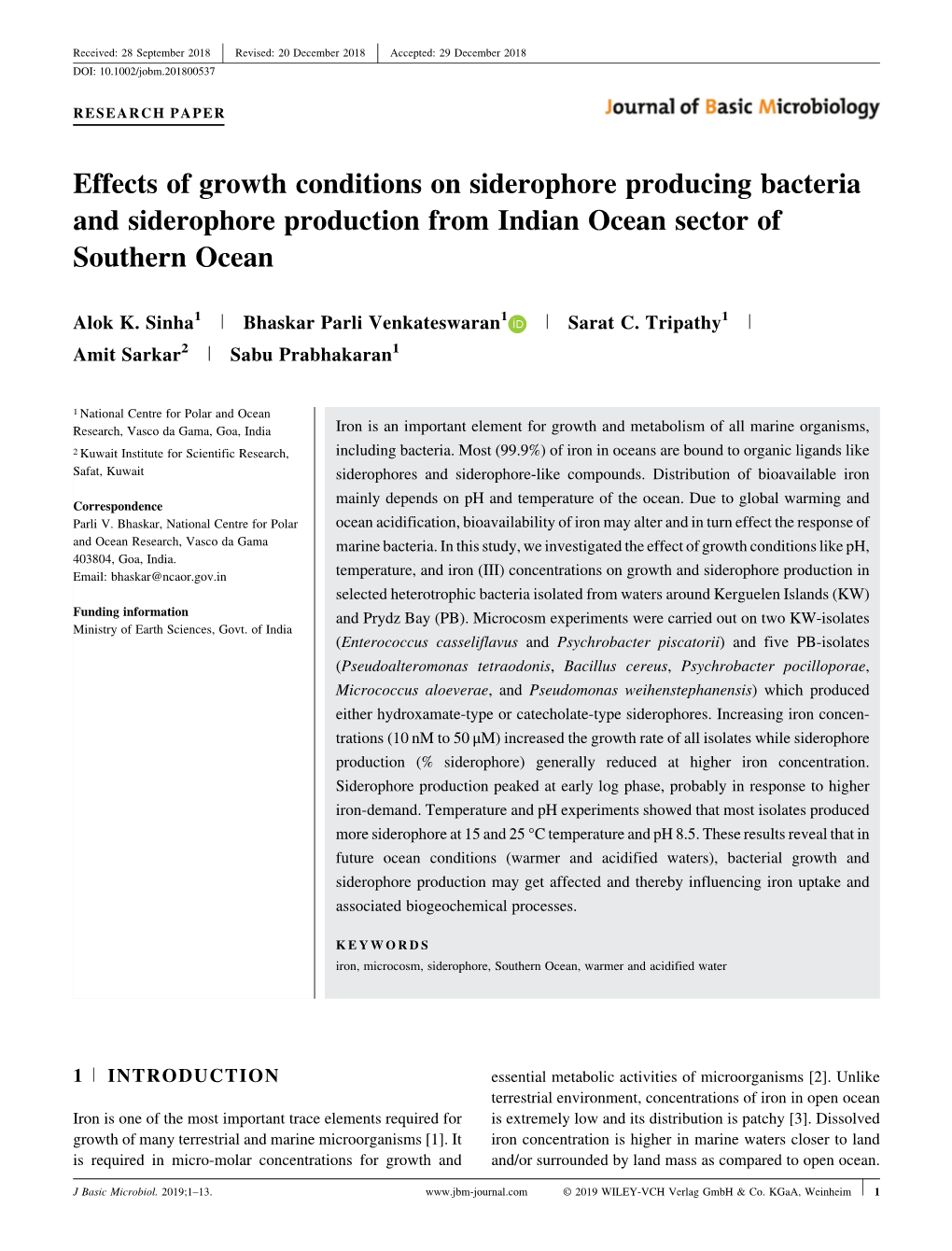 Effects of Growth Conditions on Siderophore Producing Bacteria and Siderophore Production from Indian Ocean Sector of Southern Ocean