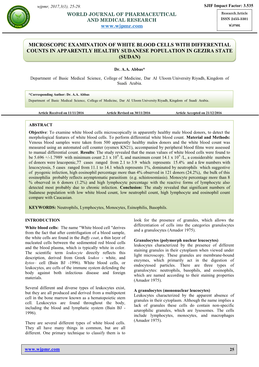 Microscopic Examination of White Blood Cells with Differential Counts in Apparently Healthy Sudanese Population in Gezira State (Sudan)