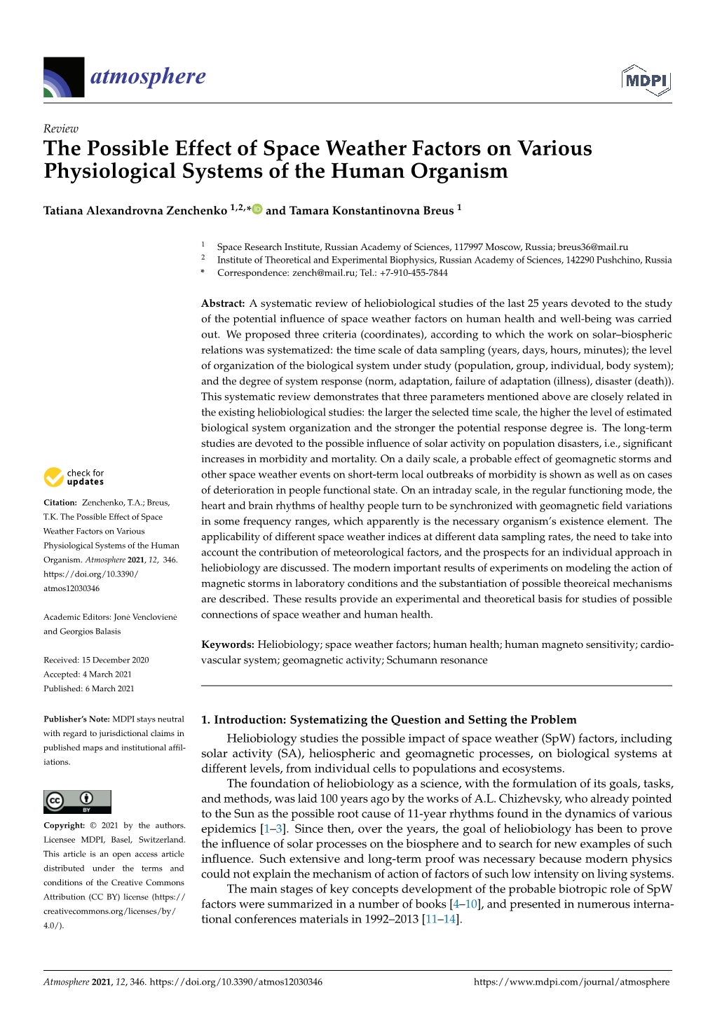 The Possible Effect of Space Weather Factors on Various Physiological Systems of the Human Organism