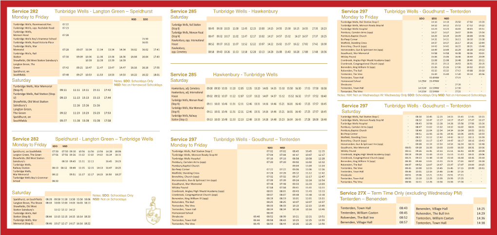 Service 297 Tunbridge Wells - Goudhurst – Tenterden Monday to Friday Saturday Monday to Friday NSD SDO SDO SDO NSD Tunbridge Wells, Ravenswood Ave