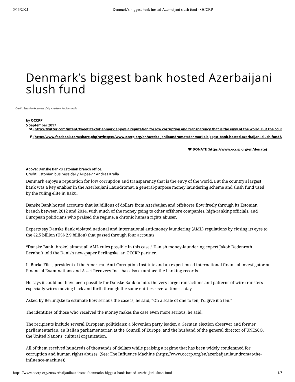 Denmark's Biggest Bank Hosted Azerbaijani Slush Fund