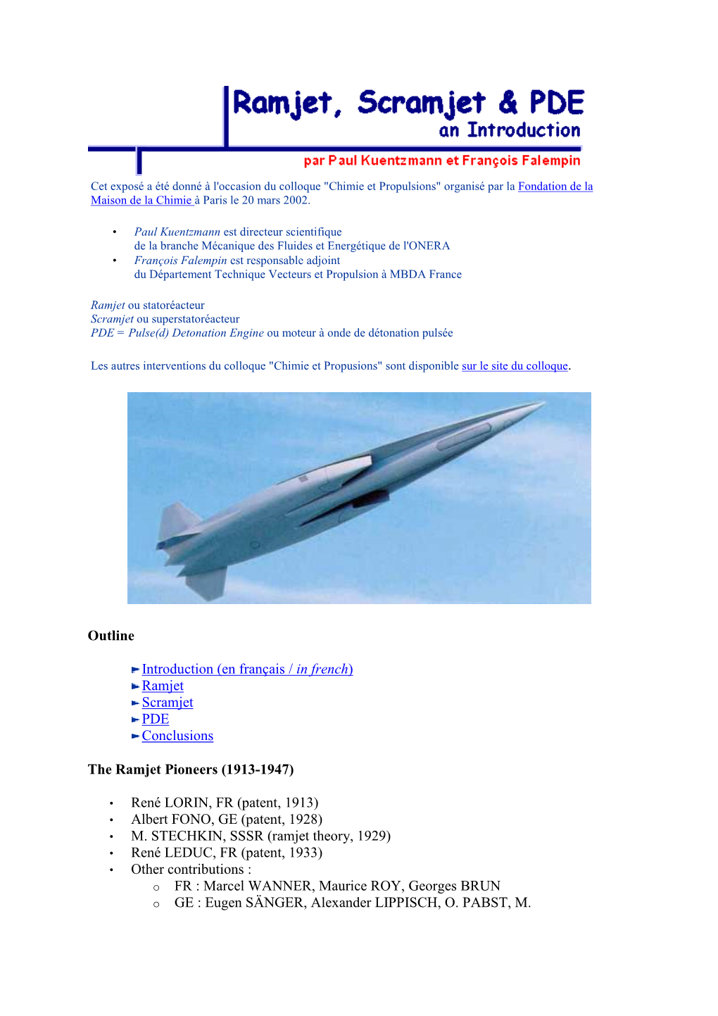 Outline Introduction (En Français / in French) Ramjet Scramjet PDE