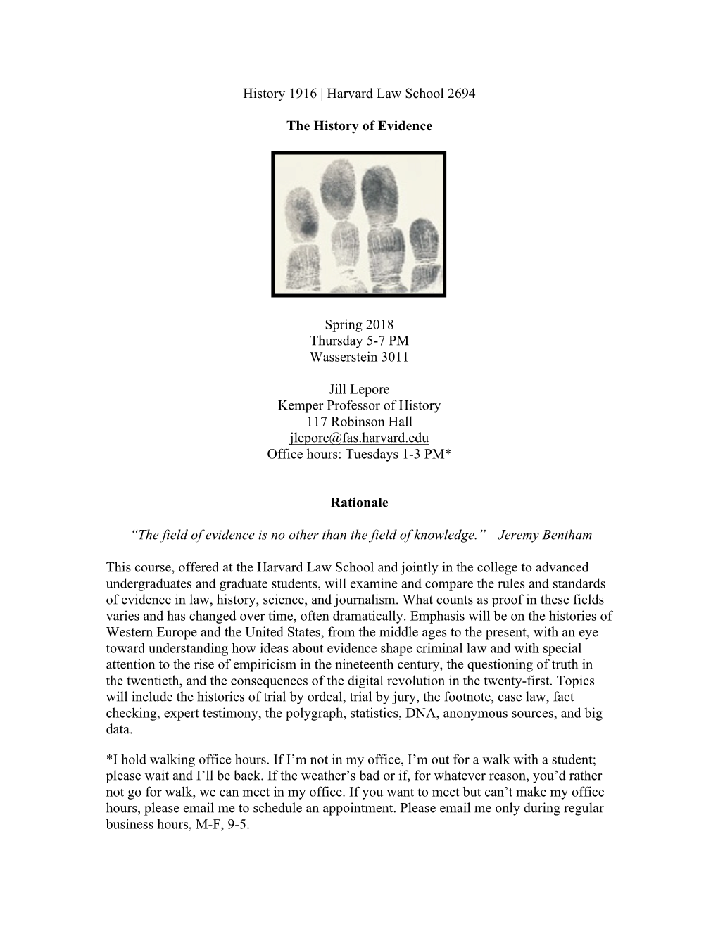 Lepore the History of Evidence Spring 2018--Syllabus 1 23 18