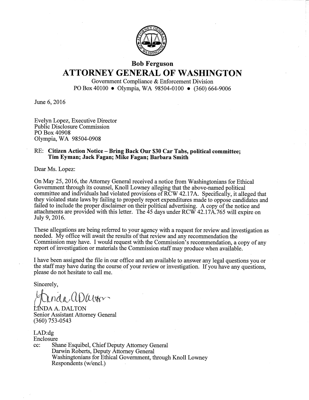 ATTORNEY GENERAL of WASHINGTON Government Compliance & Enforcement Division PO Box 40100 • Olympia, WA 98504-0100 • (360) 664-9006