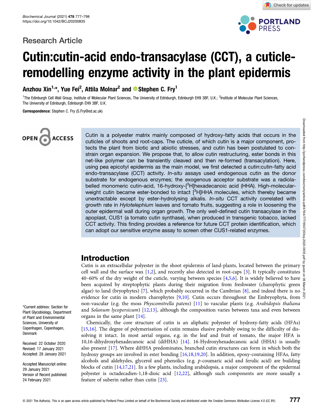 Cutin:Cutin-Acid Endo-Transacylase (CCT), a Cuticle- Remodelling Enzyme Activity in the Plant Epidermis