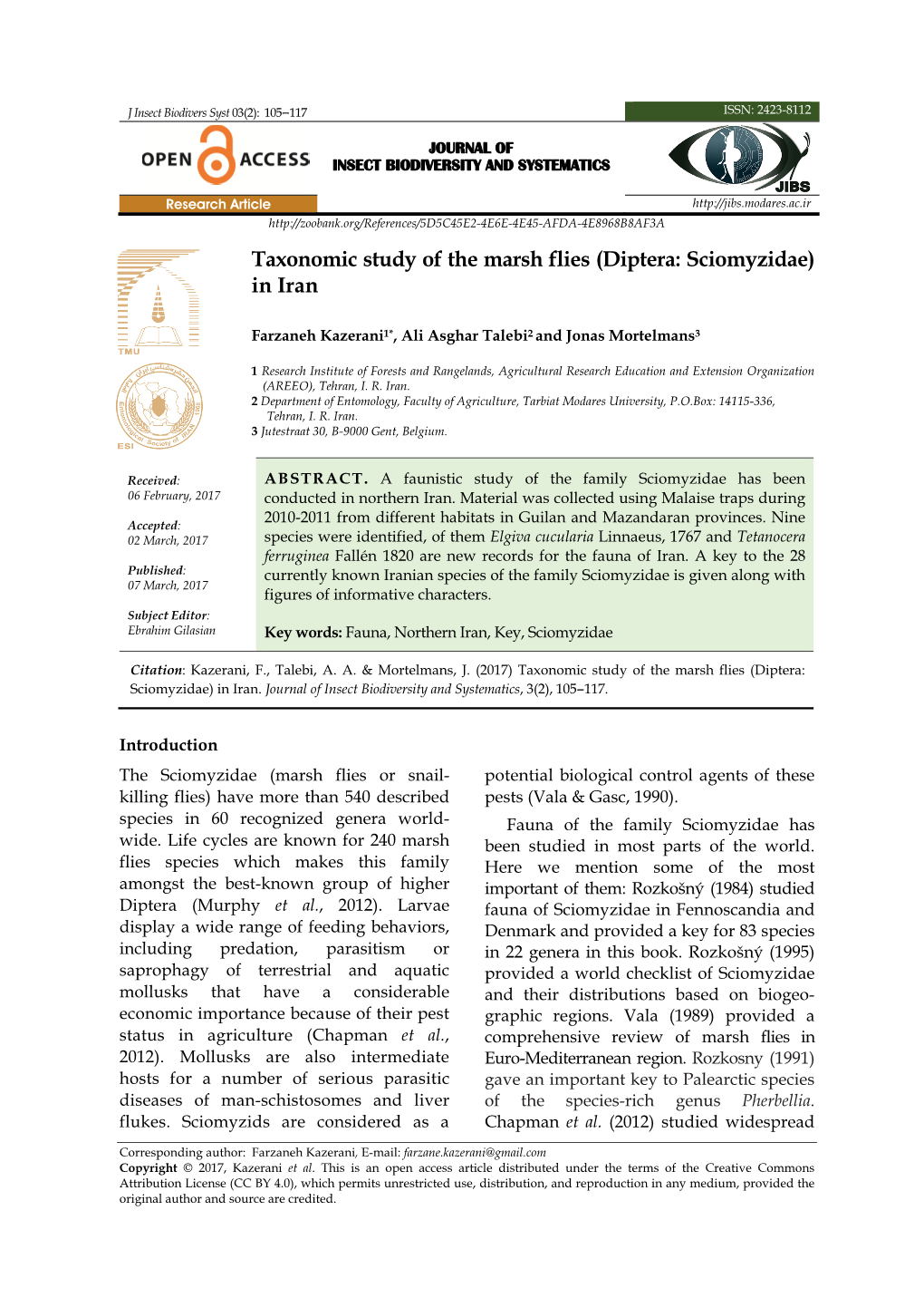 Taxonomic Study of the Marsh Flies (Diptera: Sciomyzidae) in Iran