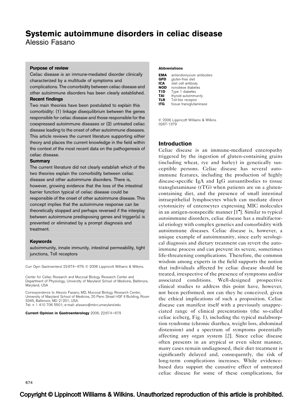 Systemic Autoimmune Disorders in Celiac Disease Alessio Fasano