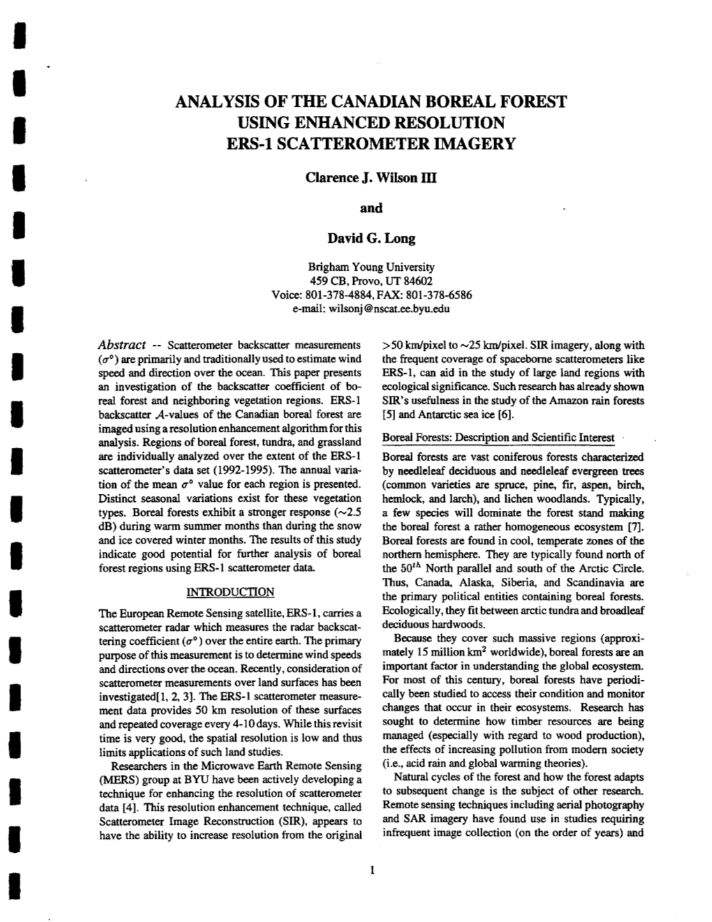 ANALYSIS of the CANADIAN BOREAL FOREST USING ENHANCED RESOLUTION I ERS-1 SCATTEROMETER IMAGERY I Clarence J