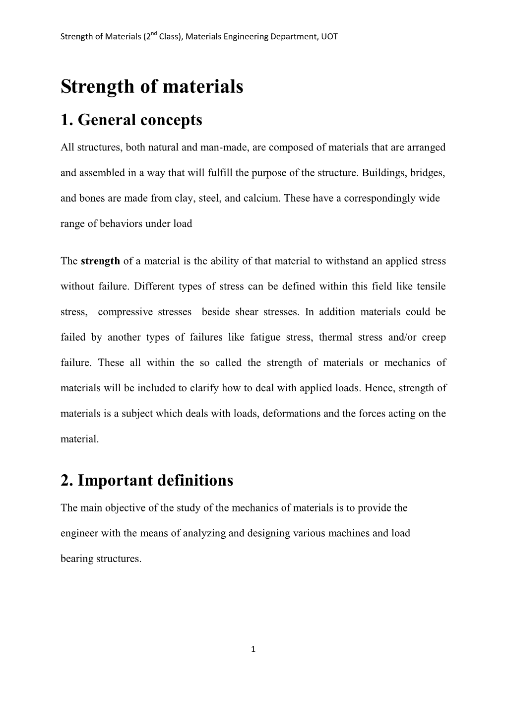 Strength of Materials (2Nd Class), Materials Engineering Department, UOT