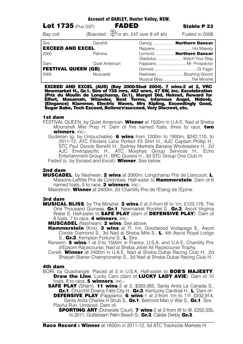 Account of DARLEY, Hunter Valley, NSW. Stable P 23 Bay Colt