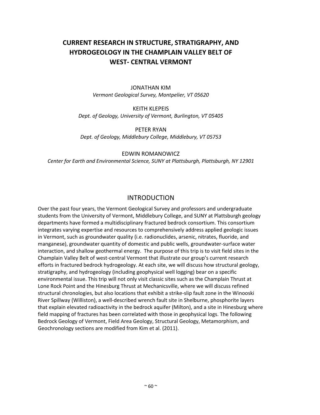 Current Research in Structure, Stratigraphy, and Hydrogeology in the Champlain Valley Belt of West- Central Vermont Introductio