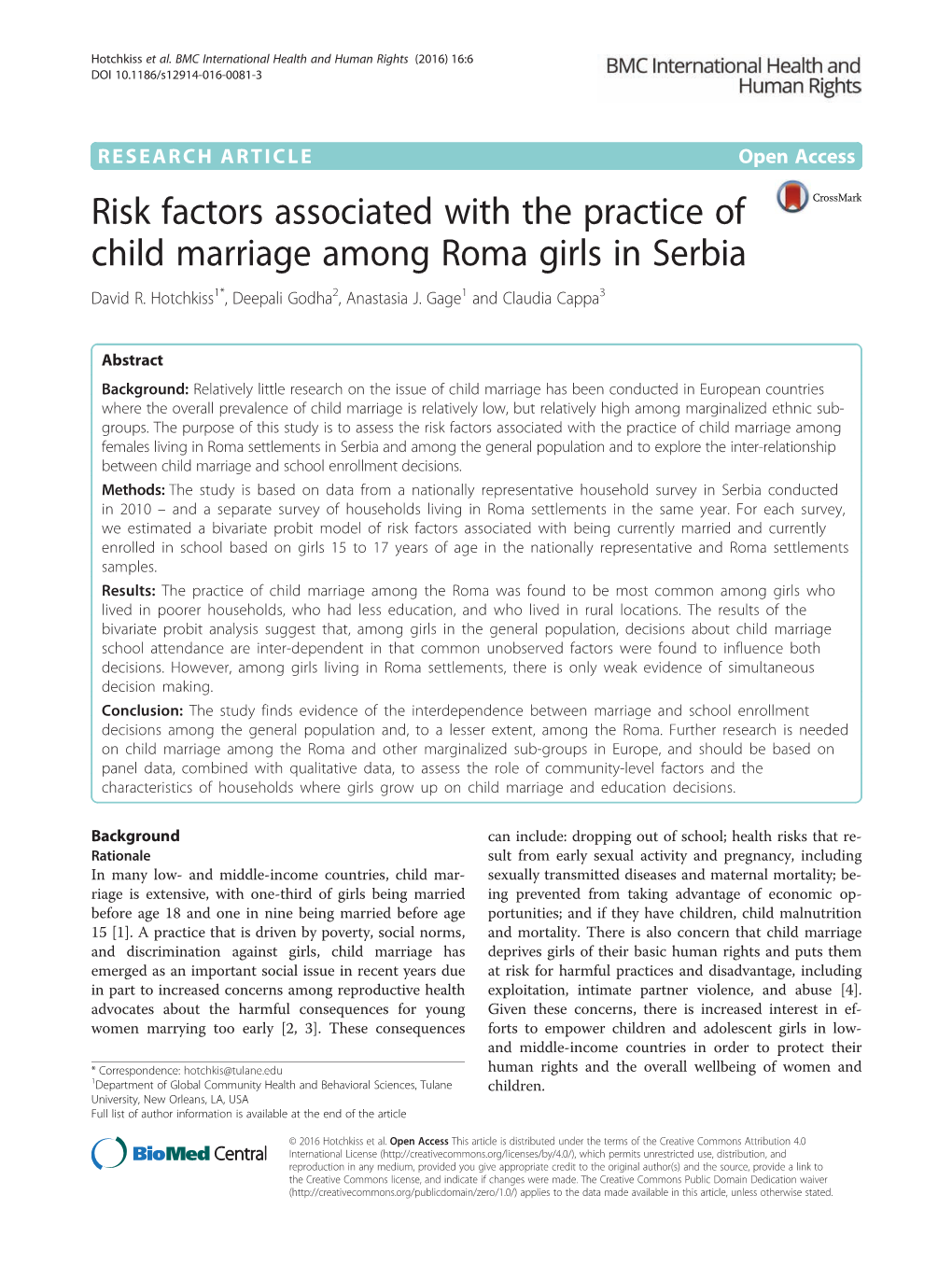 Risk Factors Associated with the Practice of Child Marriage Among Roma Girls in Serbia David R