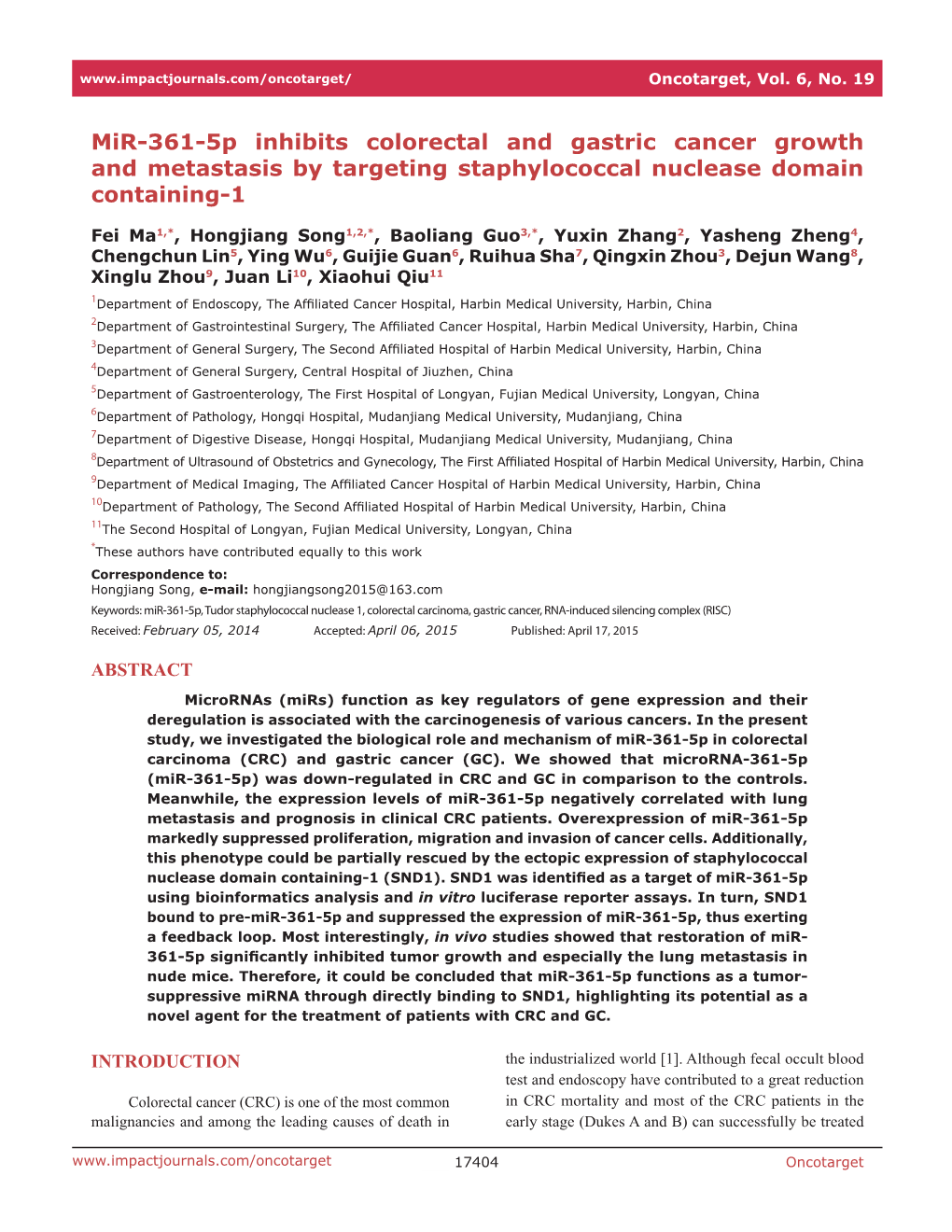 Mir-361-5P Inhibits Colorectal and Gastric Cancer Growth and Metastasis by Targeting Staphylococcal Nuclease Domain Containing-1