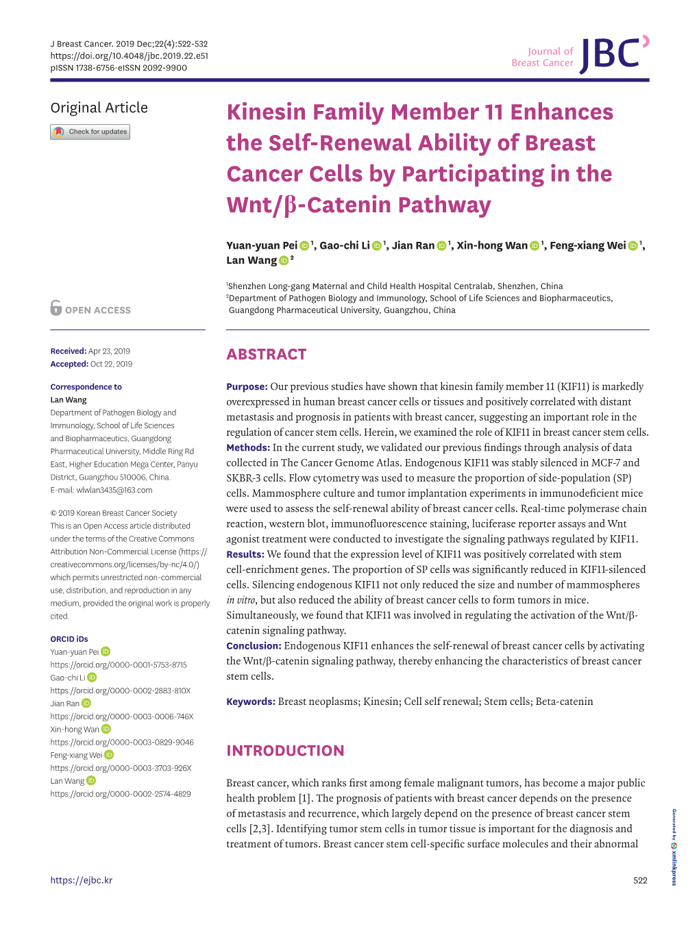 Kinesin Family Member 11 Enhances the Self-Renewal Ability of Breast Cancer Cells by Participating in the Wnt/Β-Catenin Pathway