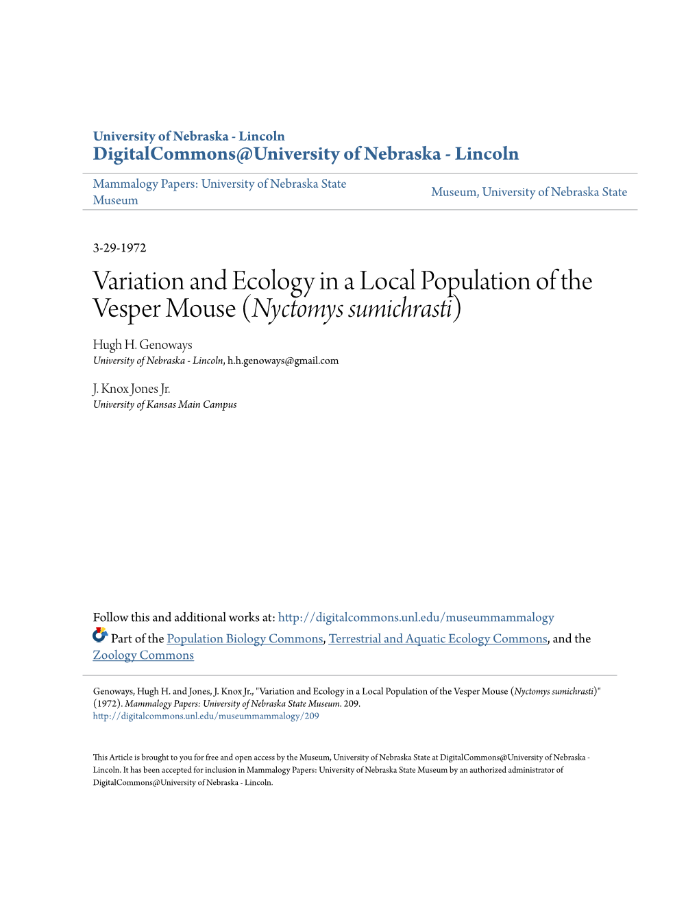 Variation and Ecology in a Local Population of the Vesper Mouse (&lt;I