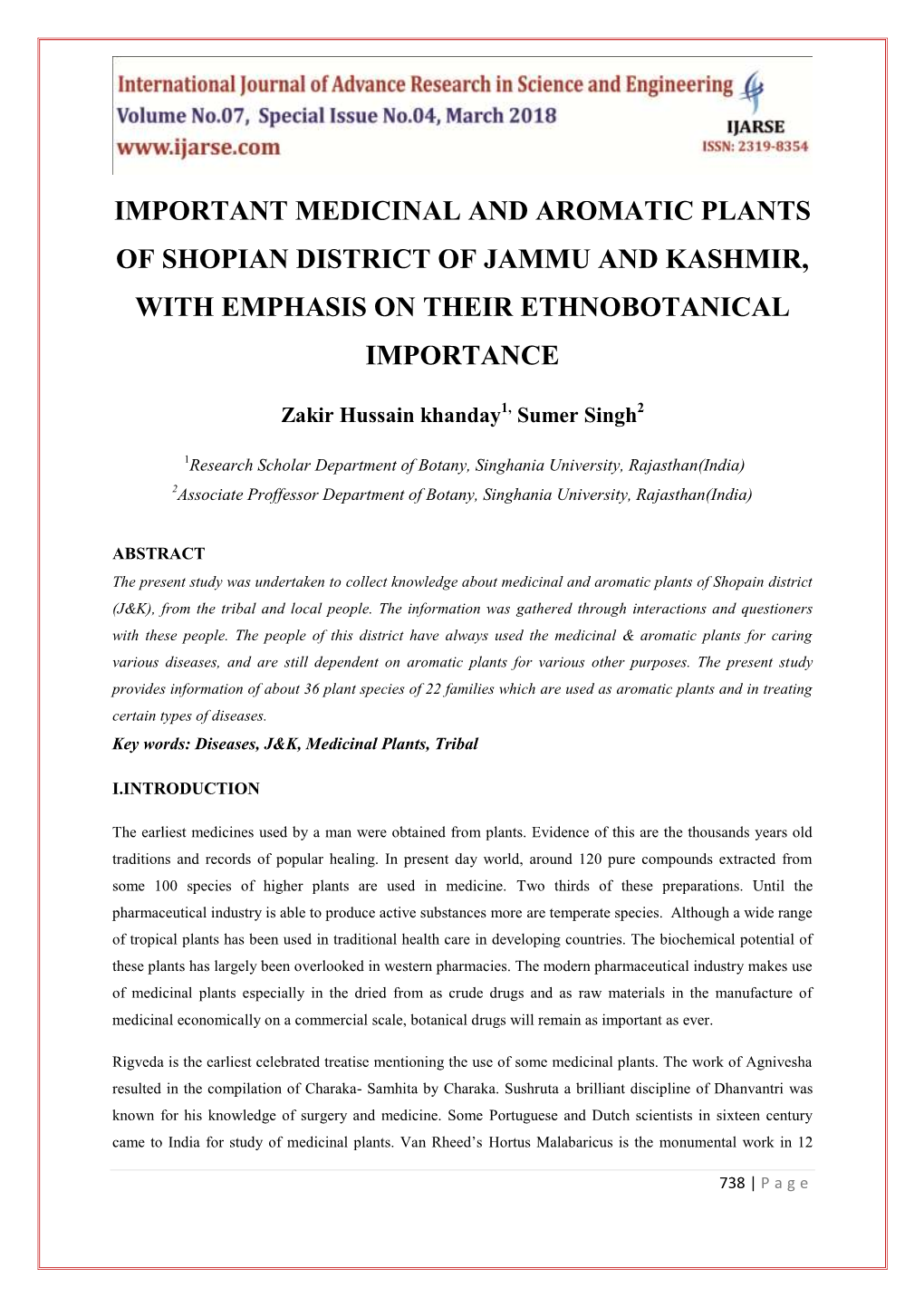 Important Medicinal and Aromatic Plants of Shopian District of Jammu and Kashmir, with Emphasis on Their Ethnobotanical Importance