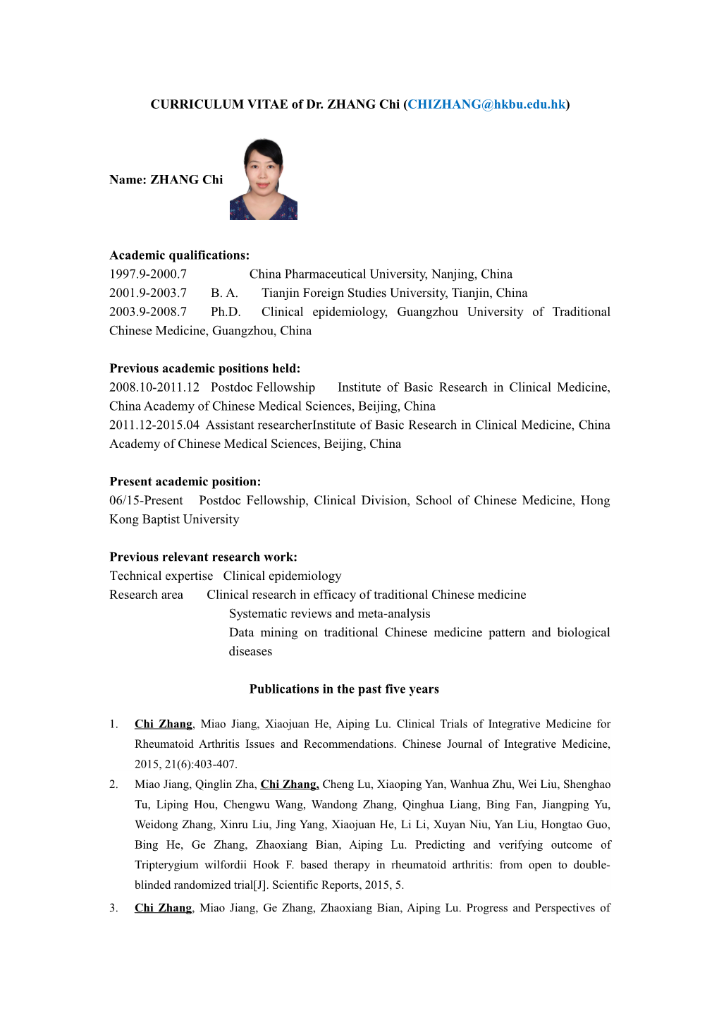 CURRICULUM VITAE of Dr. ZHANG Chi ()