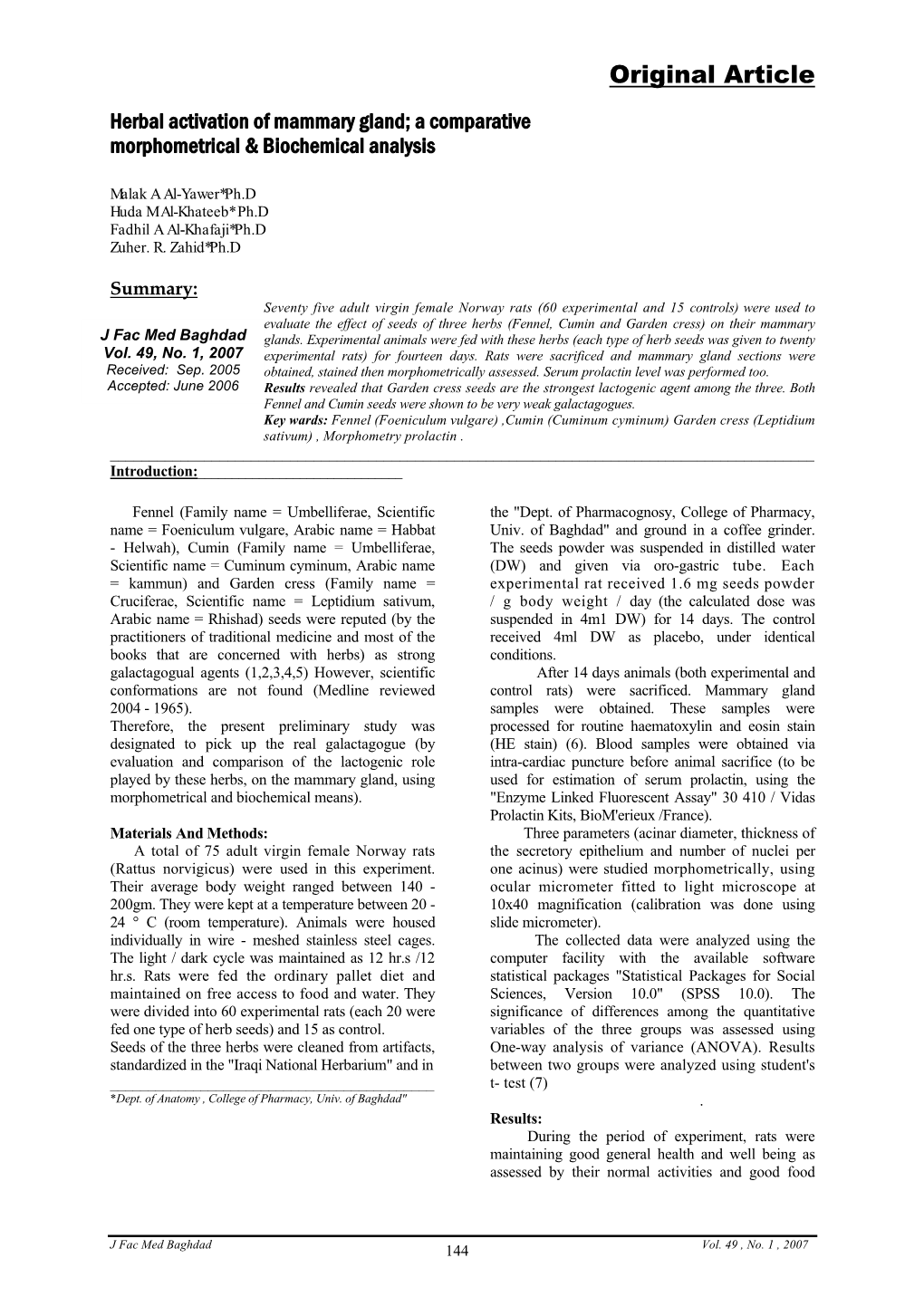 Original Article Herbal Activation of Mammary Gland; a Comparative Morphometrical & Biochemical Analysis