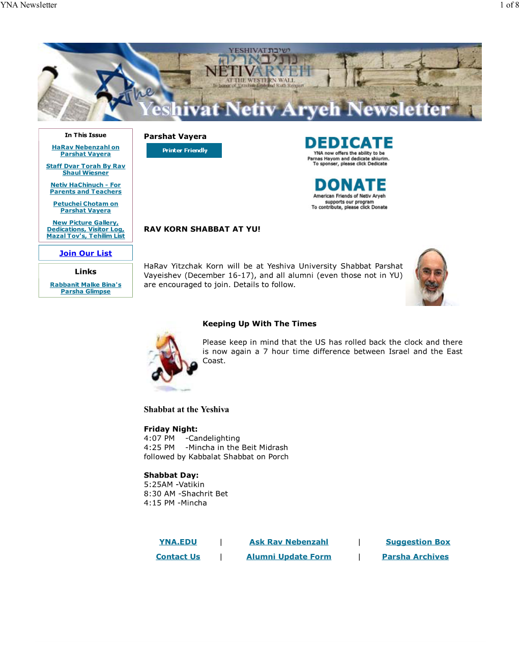 Shabbat at the Yeshiva YNA Newsletter 1 of 8