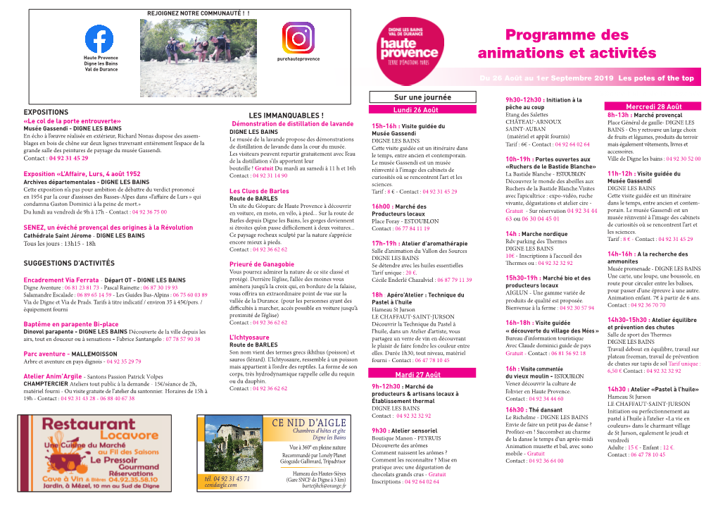 Programme Des Animations Et Activités