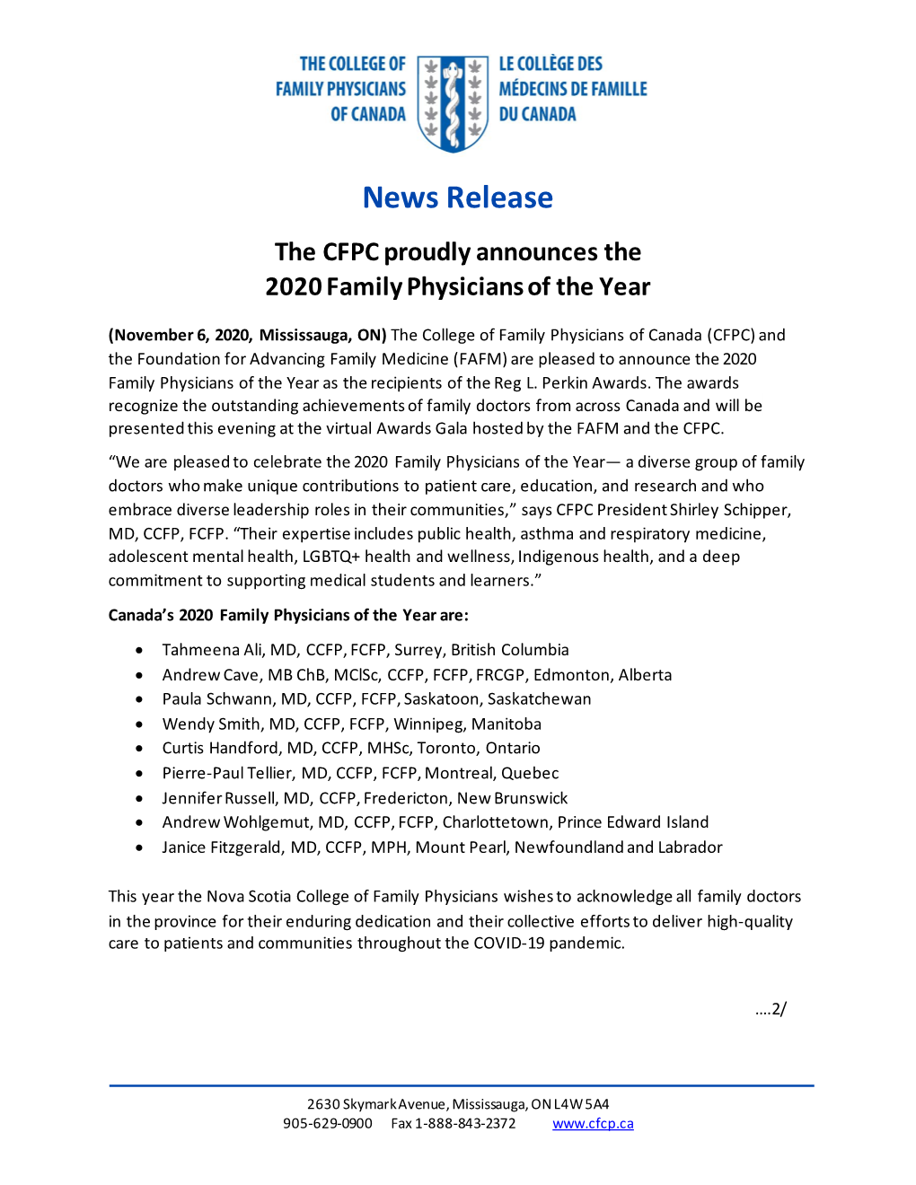 The CFPC Proudly Announces the 2020 Family Physicians of the Year