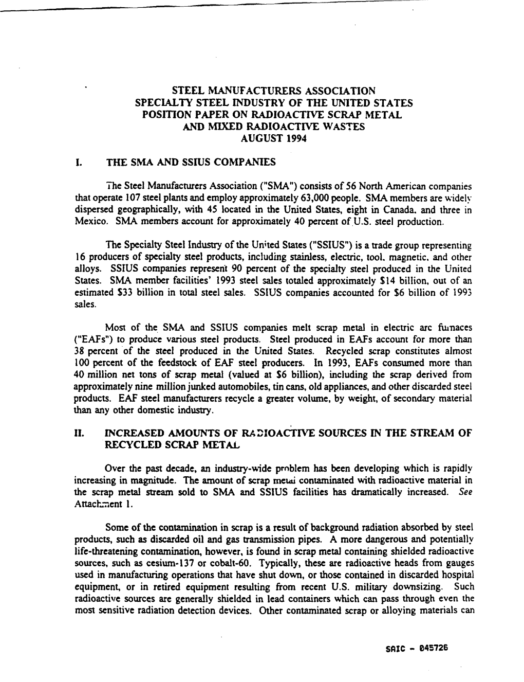 Steel Manufacturers Association, Specialty Steel Industry of the United States Position Paper on Radioactive Scrap Metal And