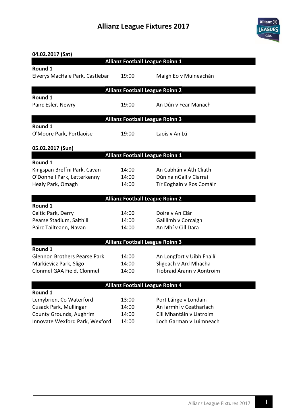 GAA Master Fixtures Schedule