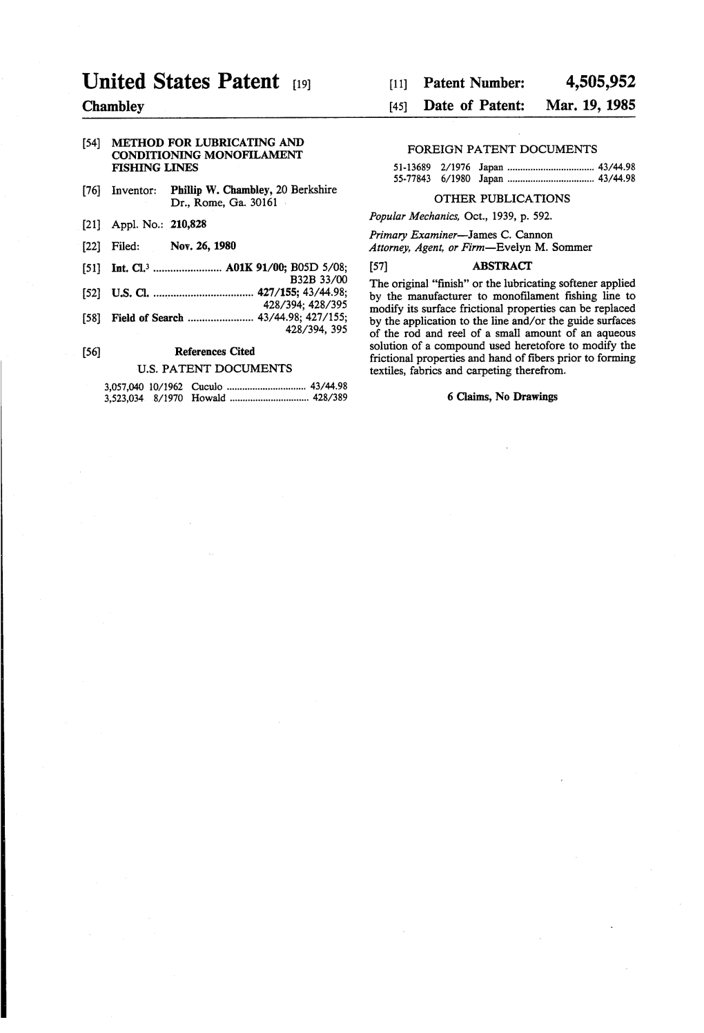 United States Patent (19) 11) Patent Number: 4,505,952 Chambley (45) Date of Patent: Mar