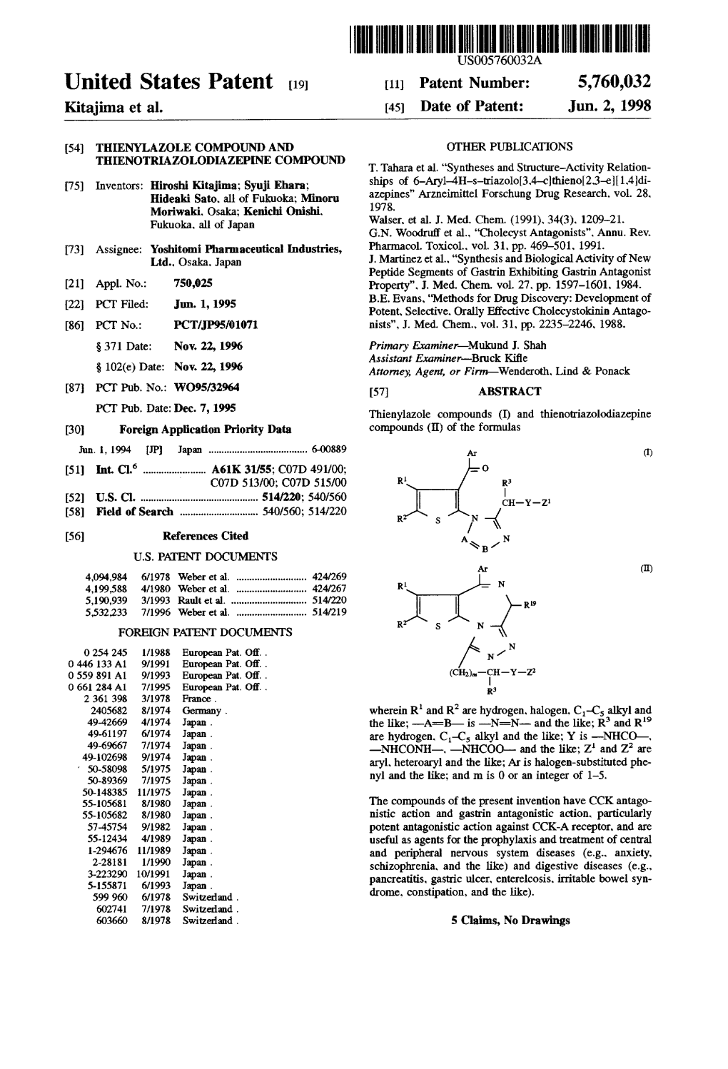 United States Patent (19) 11 Patent Number: 5,760,032 Kitajima Et Al